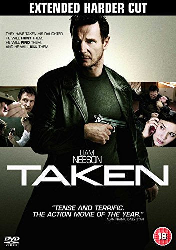 DVD cover for Taken featuring Liam Neeson holding a gun with smaller action scenes.