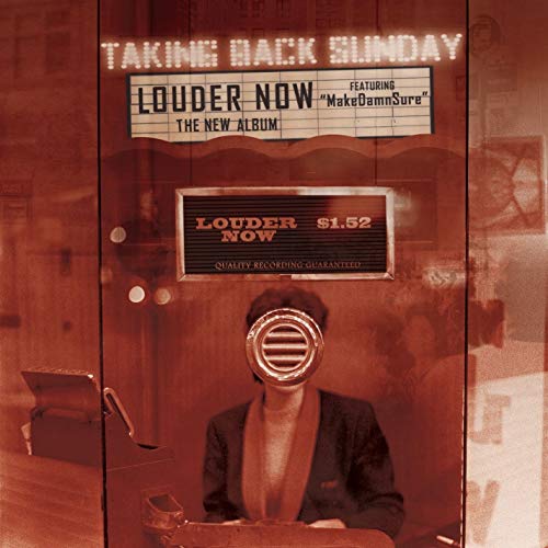 "Album cover for 'Louder Now' by Taking Back Sunday, featuring a man in a booth."