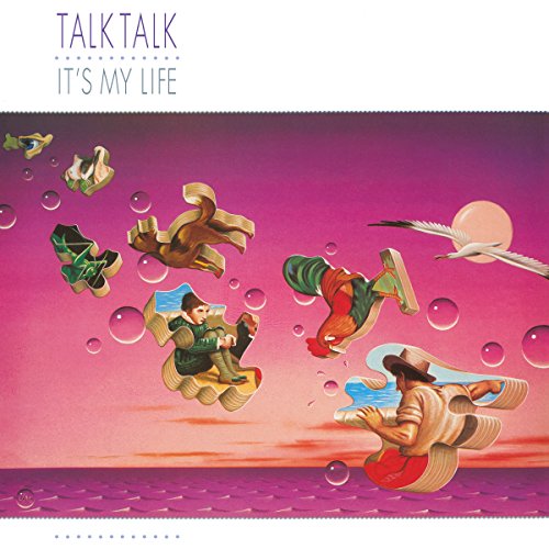 "Album cover with surreal illustration of people floating, surrounded by bubbles, on pink background."