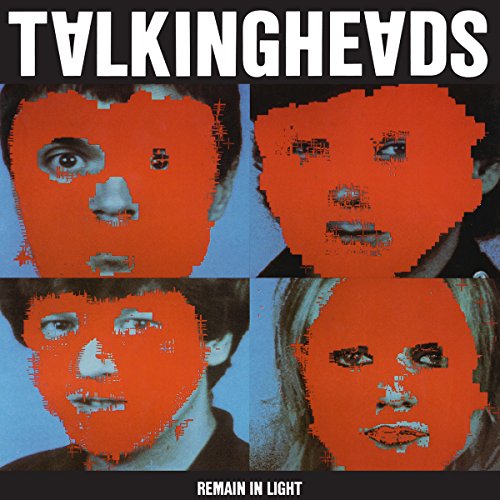 "Album cover with four faces, orange masks, and 'Talking Heads' and 'Remain in Light' text."