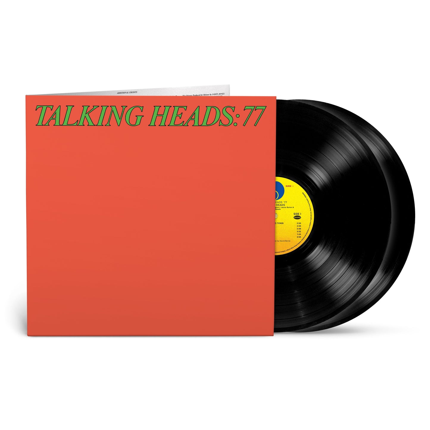 Talking Heads “77” vinyl record with red cover and black disc.