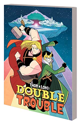 Cartoon Thor and Loki stand before a fantastical cityscape.