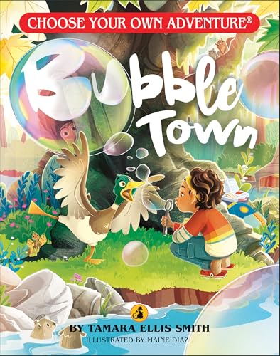 Book cover: child and goose blowing bubbles in a colorful landscape.