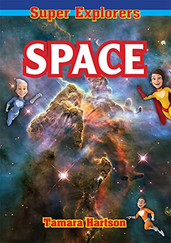 Book cover titled Space featuring three cartoon superheroes flying against a colorful nebula background.