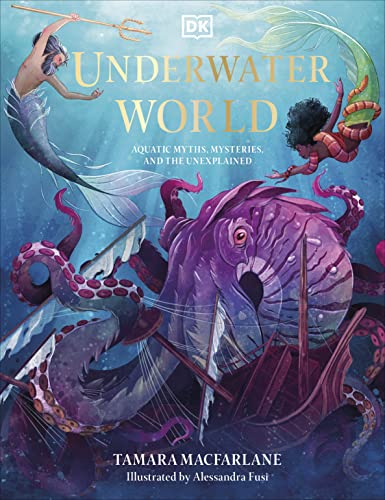 Book cover: mermaids, octopus, and shipwreck illustration for "Underwater World".