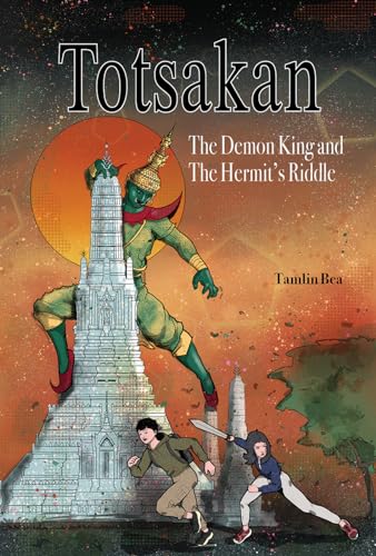 Book cover featuring a green demon king, temple, and two children.
