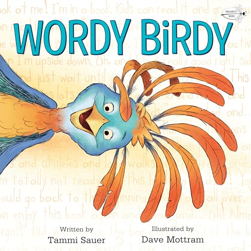 Cartoon blue bird with orange feathers, book title "Wordy Birdy" above.
