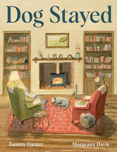 Book cover: cozy room with a dog, chairs, and fireplace.