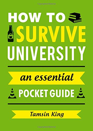 Green book cover with text: "How to Survive University" and icons.