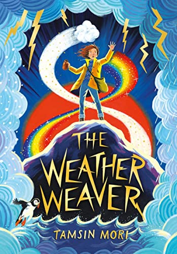Girl with rainbow and stormy sky, book cover for "The Weather Weaver".