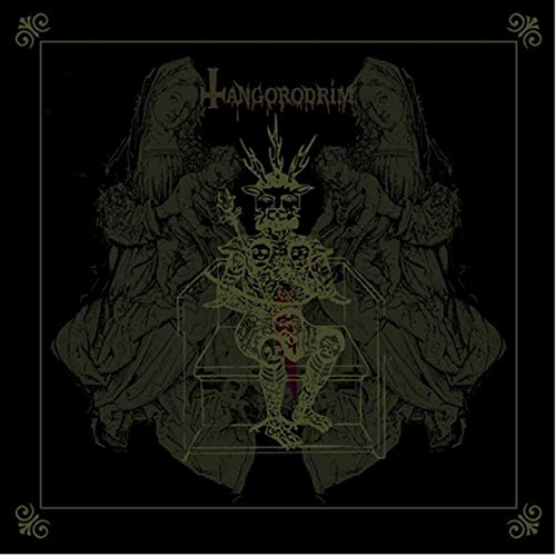 Dark album cover with skeletal figure and flanking angelic forms.