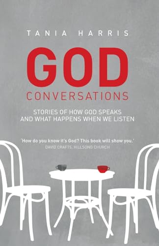 Book cover: "God Conversations" with red text, chairs, and a table.