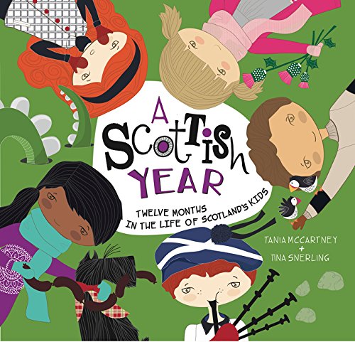 Illustrated book cover featuring diverse children and Scottish cultural elements.