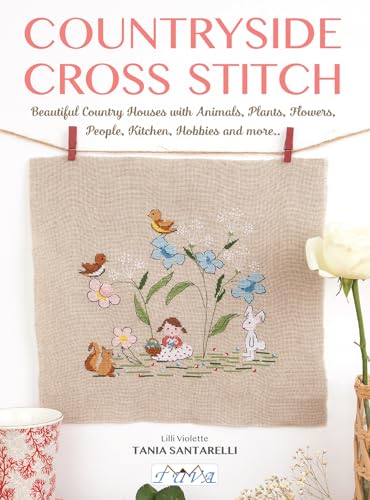 Cross stitch pattern book cover featuring a country house scene with animals.