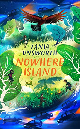 Book cover illustration featuring children, a bird, and cars in a vibrant, stylized landscape.