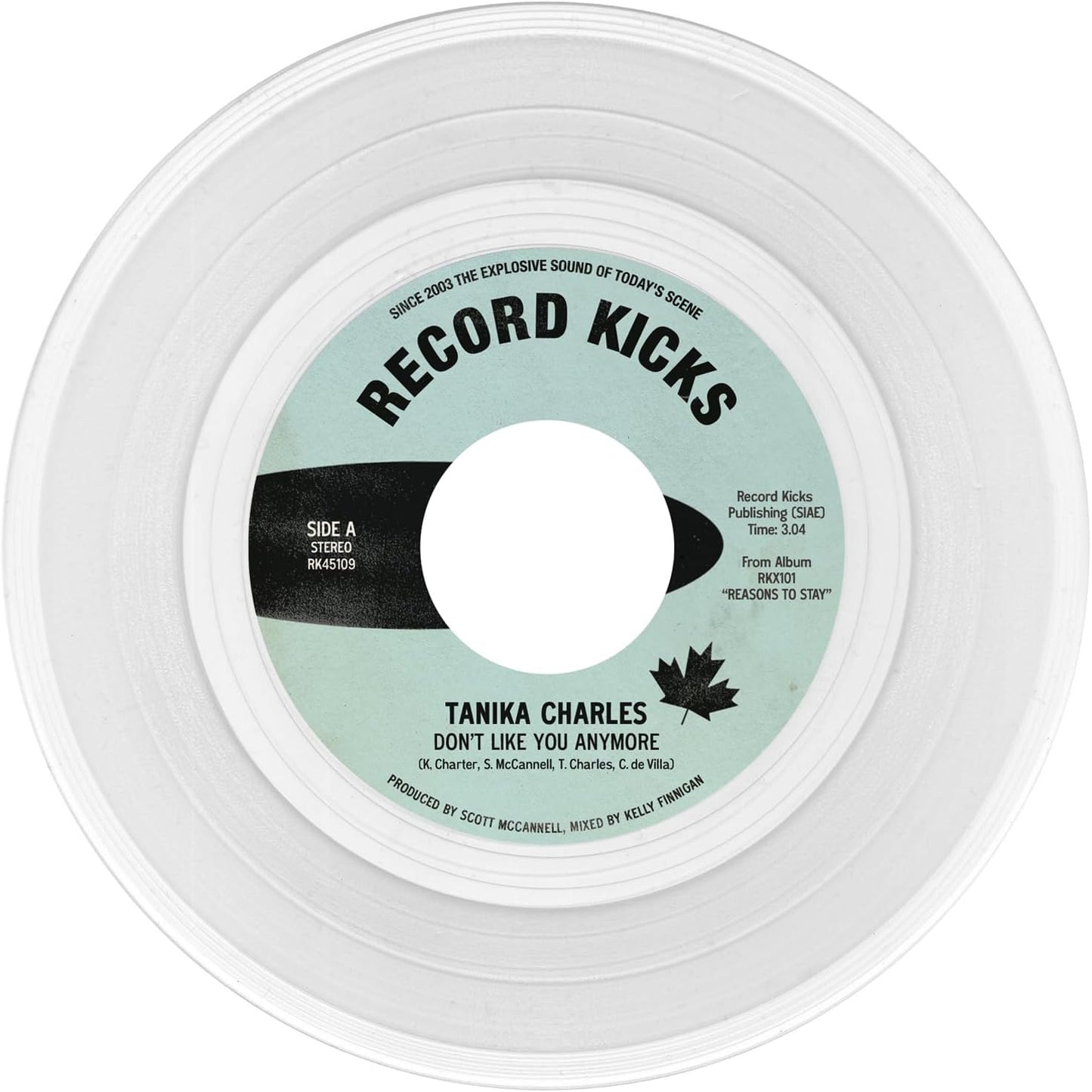 White vinyl record label with text: "Tanika Charles - Don't Like You Anymore.