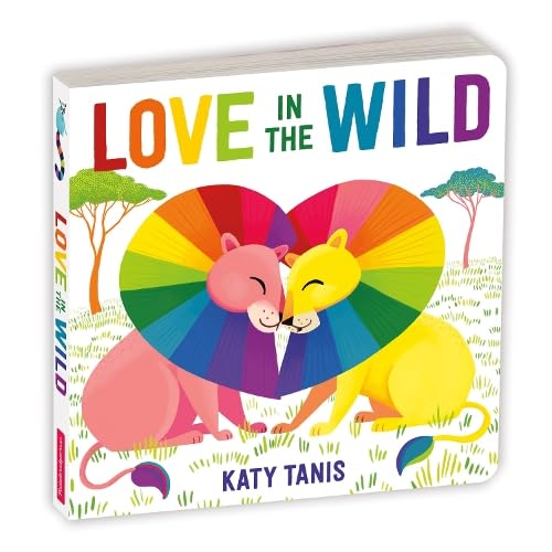 Board book cover with two lions nuzzling inside a rainbow heart.