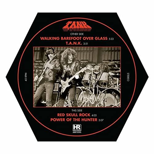 Hexagonal vinyl record with a black label and a band photo.