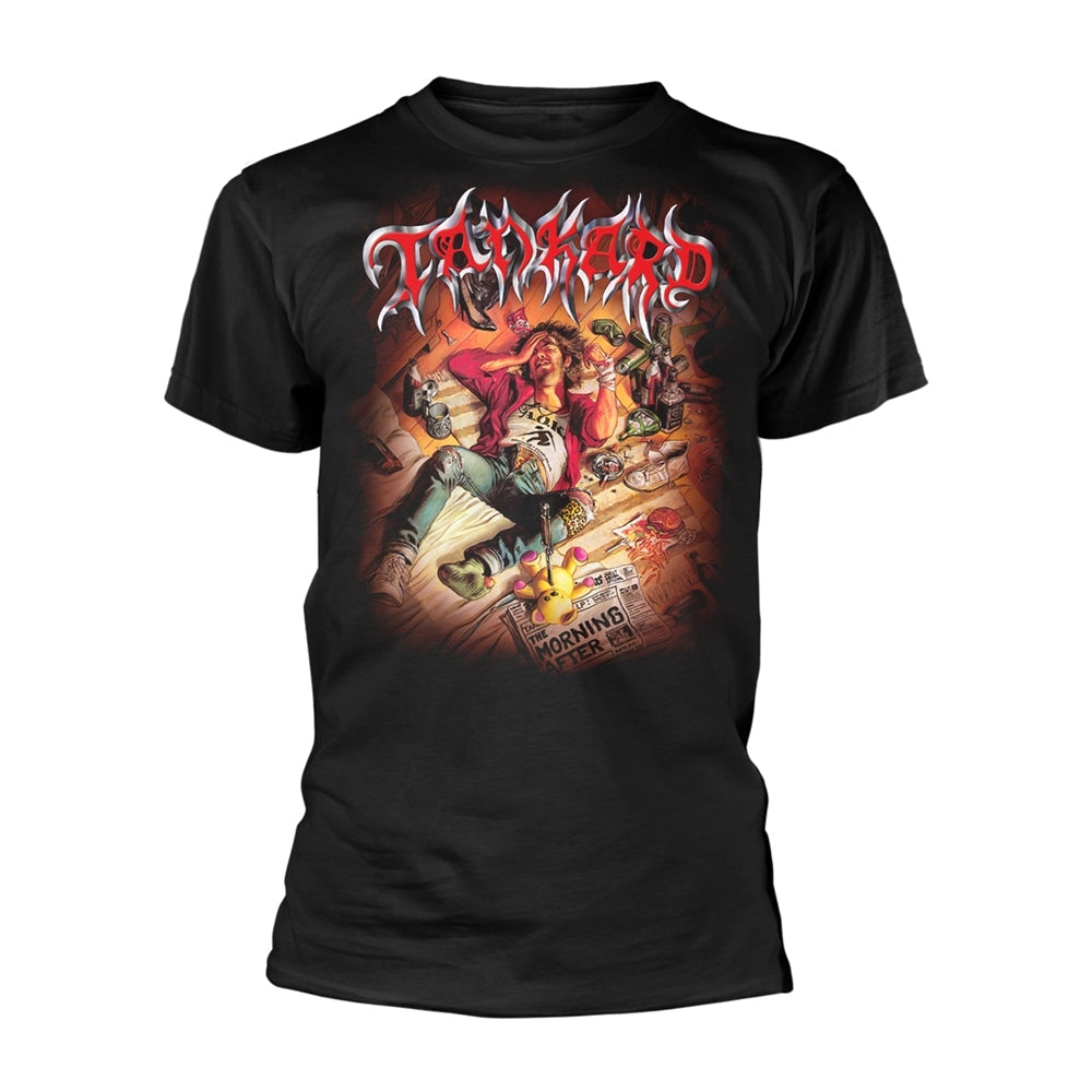 Black t-shirt with a chaotic, colorful illustration of a messy room.