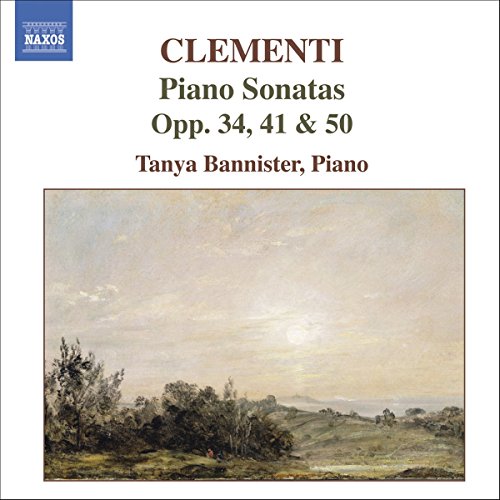 "Album cover with serene landscape painting and text describing Clementi piano sonatas."