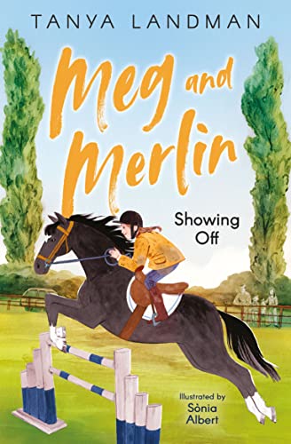 Book cover: girl on a dark horse jumping a blue and white fence.