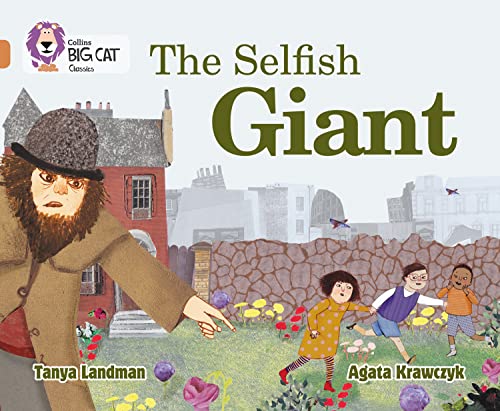 Book cover: illustrated giant pointing at children in a garden.