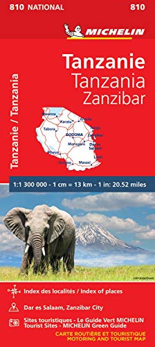 Red Michelin map of Tanzania and Zanzibar with an elephant image.