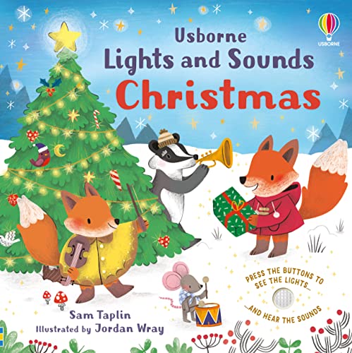 Illustrated children’s book cover with a decorated Christmas tree and animal musicians.