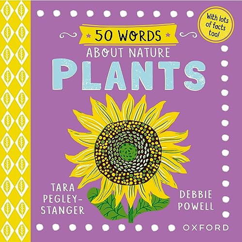 Book cover with a sunflower and text: "50 Words About Plants.