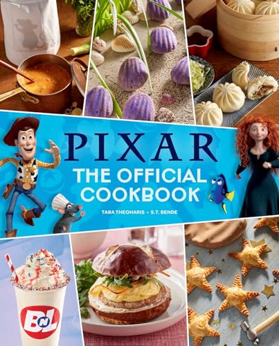 Pixar cookbook cover with character images and various colorful food photos.