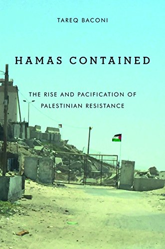 Book cover titled Hamas Contained showing a metal gate and rubble against a sky.
