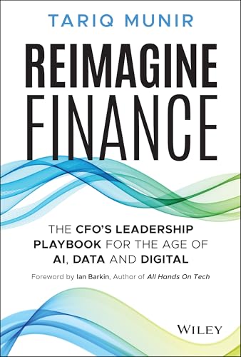Book cover: "Reimagine Finance" with blue wave design and white text.