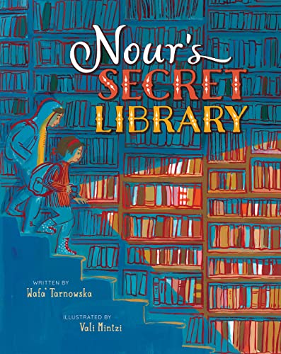 Children explore a colorful library filled with books on shelves.
