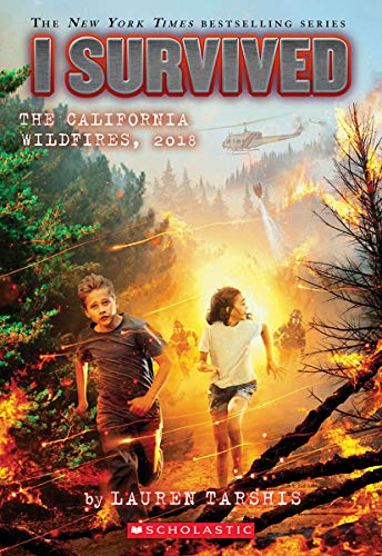 Book cover: children running from a wildfire with firefighters and a helicopter.