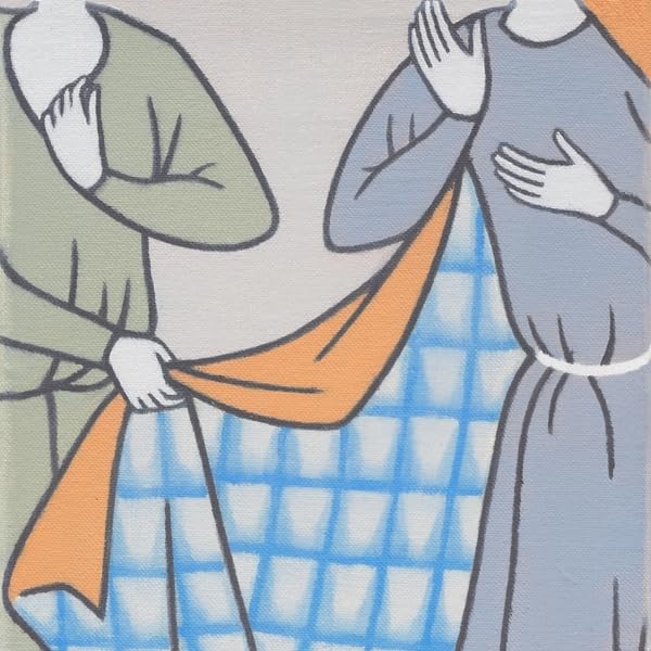 Two figures with hands covering faces, over a blue checkered background.