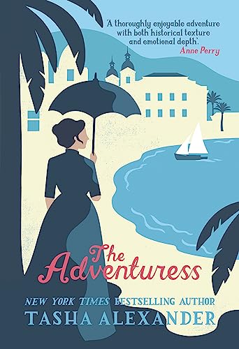 A woman in a period dress holds an umbrella by a coastal Mediterranean town.