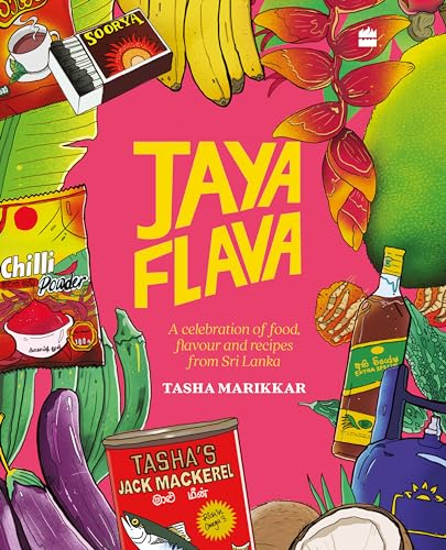 Book cover titled Jayaflava with colorful illustrations of Sri Lankan food and ingredients.