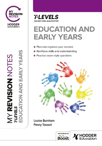 T Level Education and Early Years revision notes with colorful handprints.