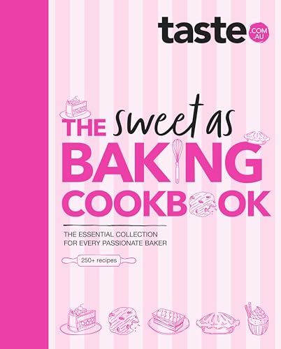 Cover of The Sweet As Baking Cookbook with pink stripes and dessert illustrations.
