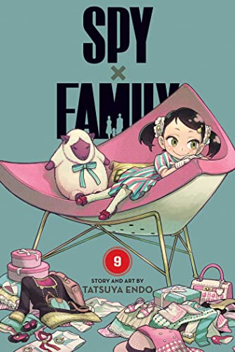 Anya Forger sits in a pink chair with a sheep plushie surrounded by clothes.
