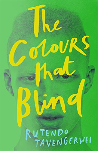 Book cover: face with green tint, bold yellow title "The Colours That Blind".