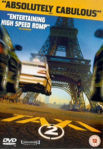 Taxi 2" DVD cover with speeding taxis and the Eiffel Tower.