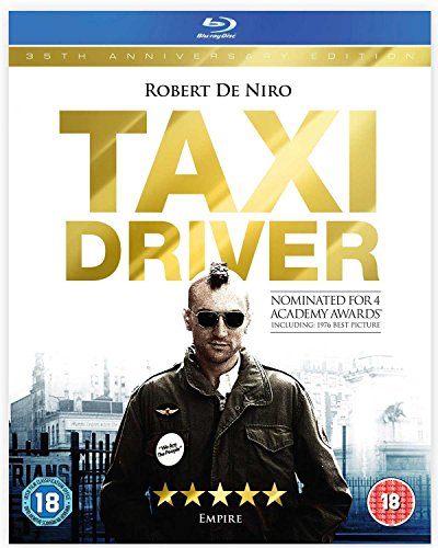 “Taxi Driver” Blu-ray cover featuring Robert De Niro in a dark jacket and sunglasses.