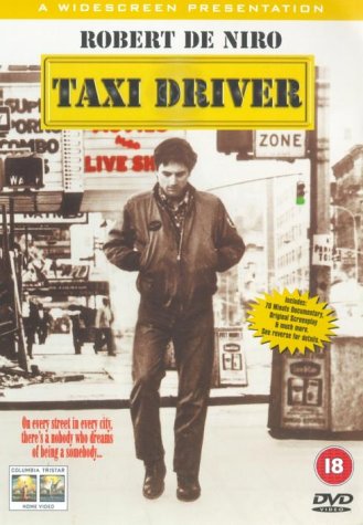 “Taxi Driver” DVD cover featuring Robert De Niro in a dark coat.