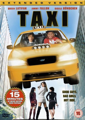 "DVD cover for 'Taxi' featuring a yellow taxi and three women."