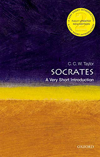 Book cover: "Socrates" by C.C.W. Taylor, purple and yellow abstract design.