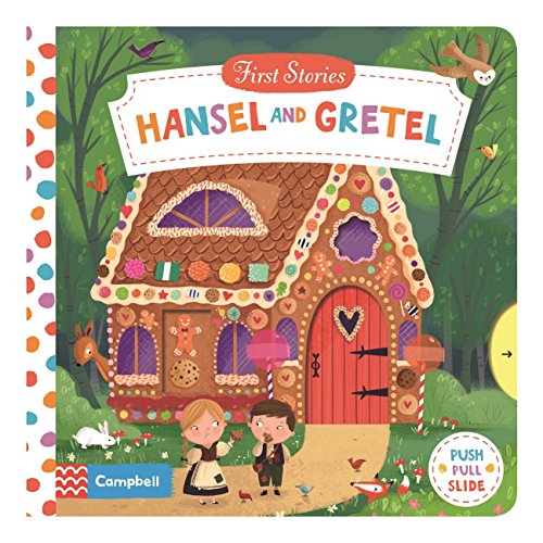 Hansel and Gretel" book cover depicts a colorful gingerbread house and children.