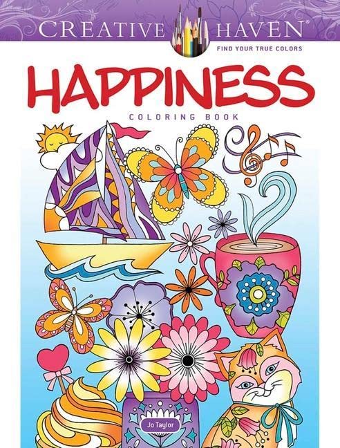 Coloring book cover with floral designs, a sailboat, butterfly, and cat.