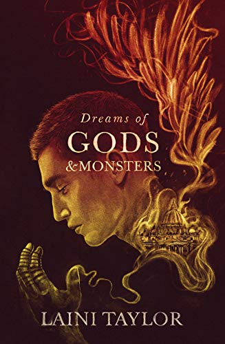 Book cover: man’s profile with fiery hair and a miniature city.