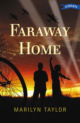 Silhouettes of two children and a bicycle against a sunset with airplanes overhead.
